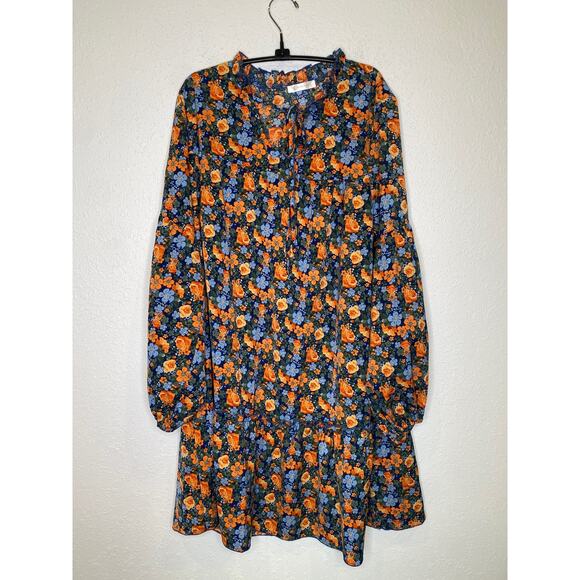 Kirundo Floral Mini Shift Dress EUC Sz Lg Ruffle Hem Neck Tie Polyester Light - Picture 1 of 13